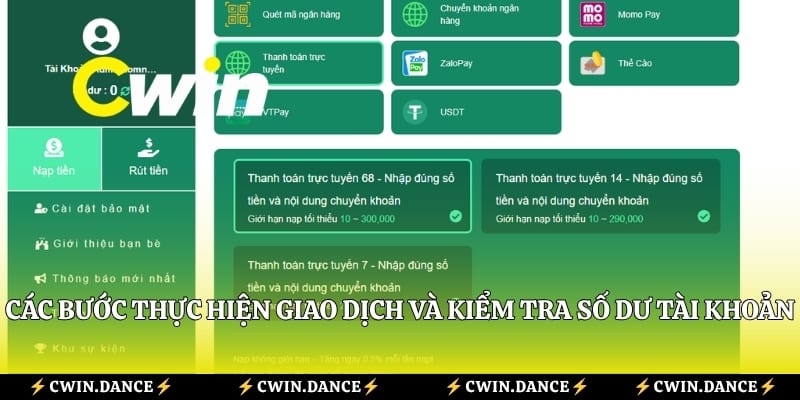 Các bước thực hiện giao dịch và kiểm tra số dư tài khoản