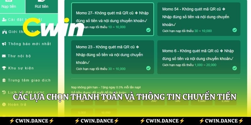 Các lựa chọn thanh toán và thông tin chuyển tiền cần kiểm tra