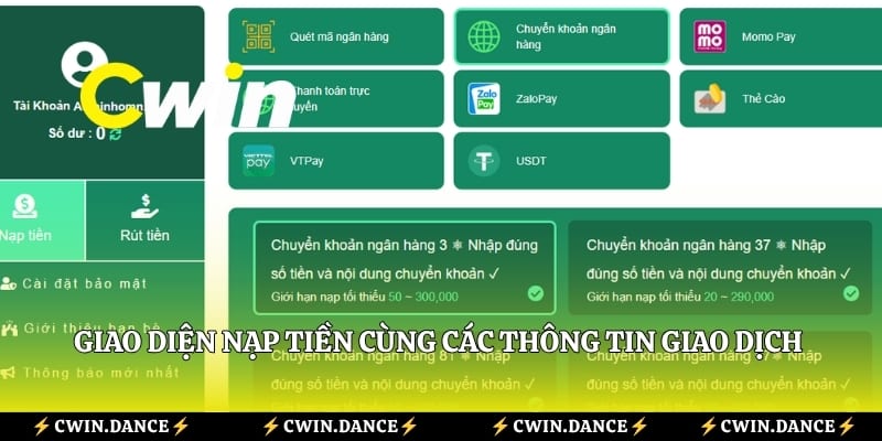 Giao diện nạp tiền cùng các thông tin giao dịch dành cho hội viên