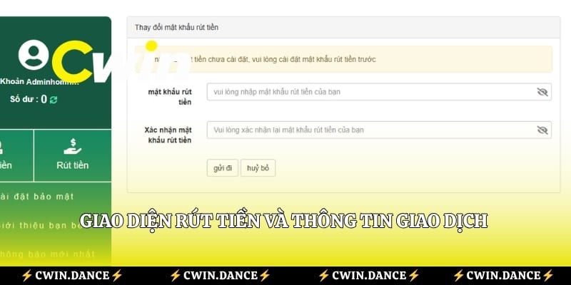 Giao diện rút tiền và thông tin giao dịch dành cho anh em